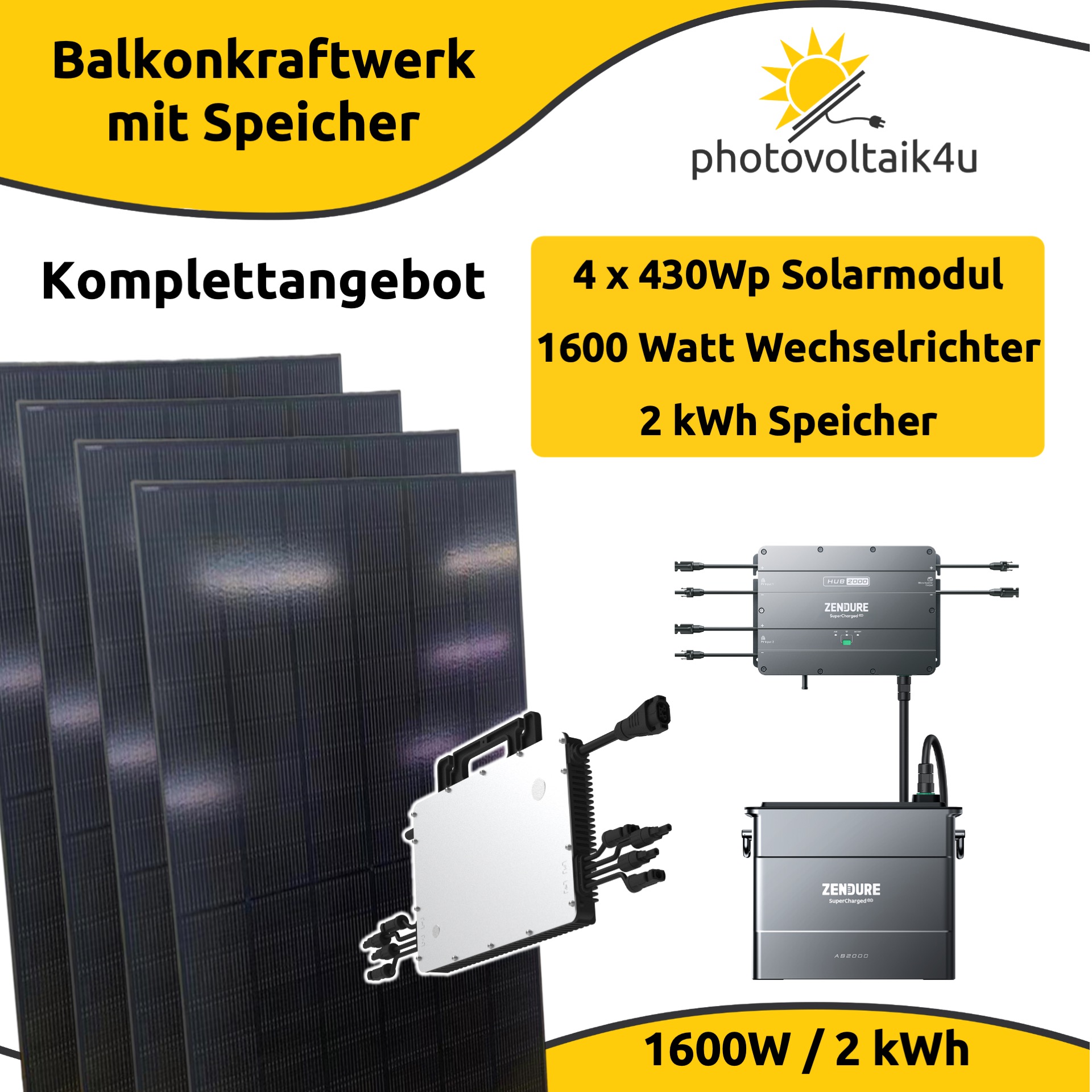 1600 Watt Balkonkraftwerk Set mit 1720Wp+ Bifazial und 2 kWh Speicher (Fullblack)