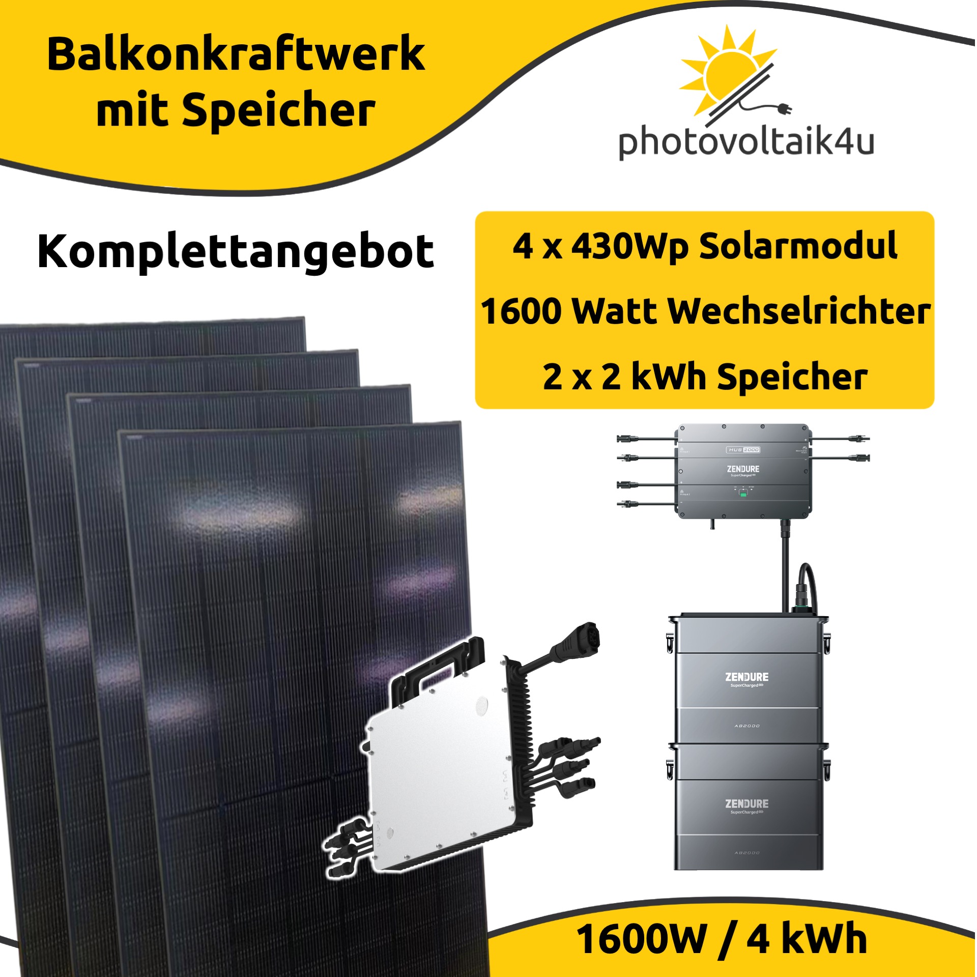 1600 Watt Balkonkraftwerk Set mit 1720Wp+ Bifazial und 4 kWh Speicher (Fullblack)