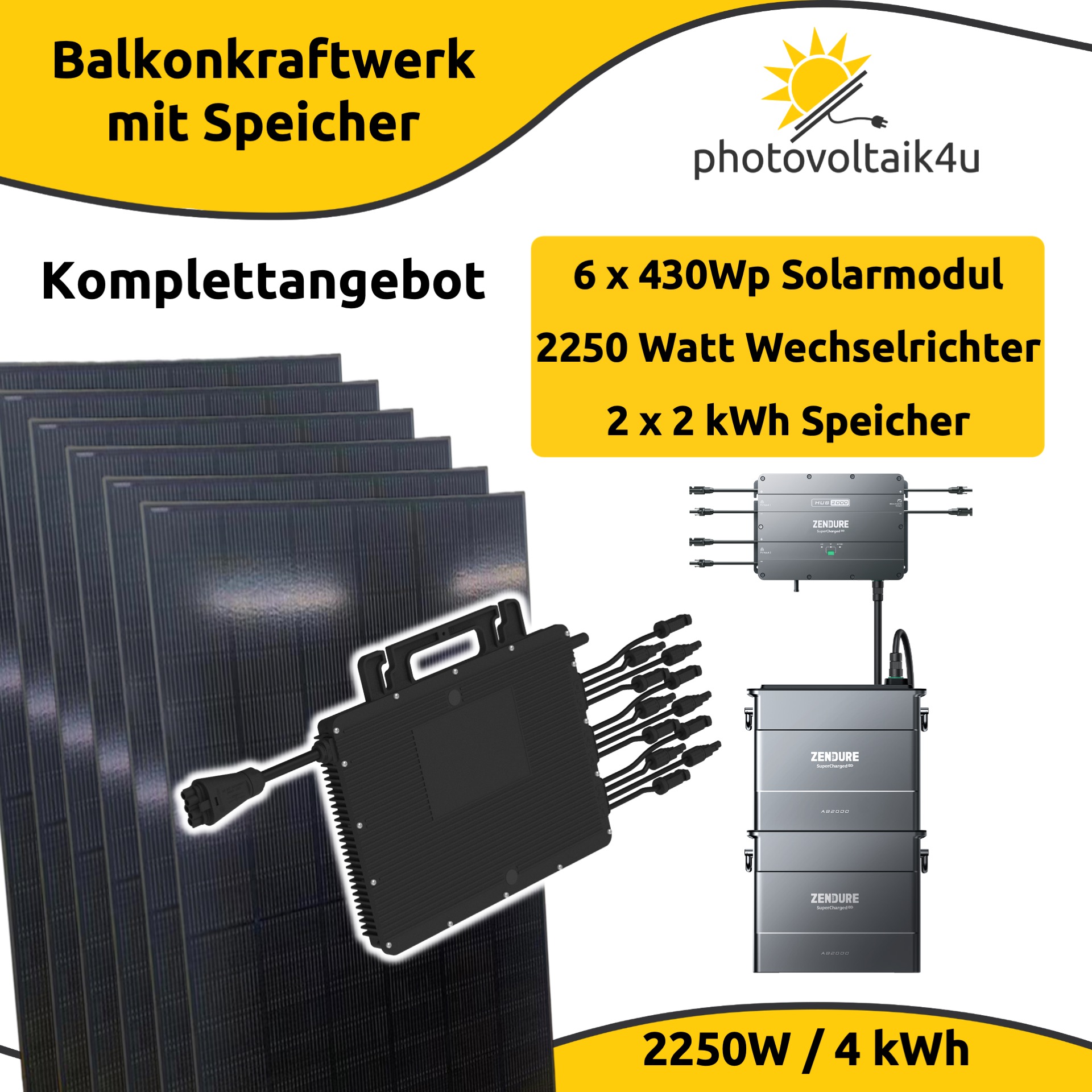2250 Watt Balkonkraftwerk Set mit 2580Wp+ Bifazial und 4 kWh Speicher (Fullblack)