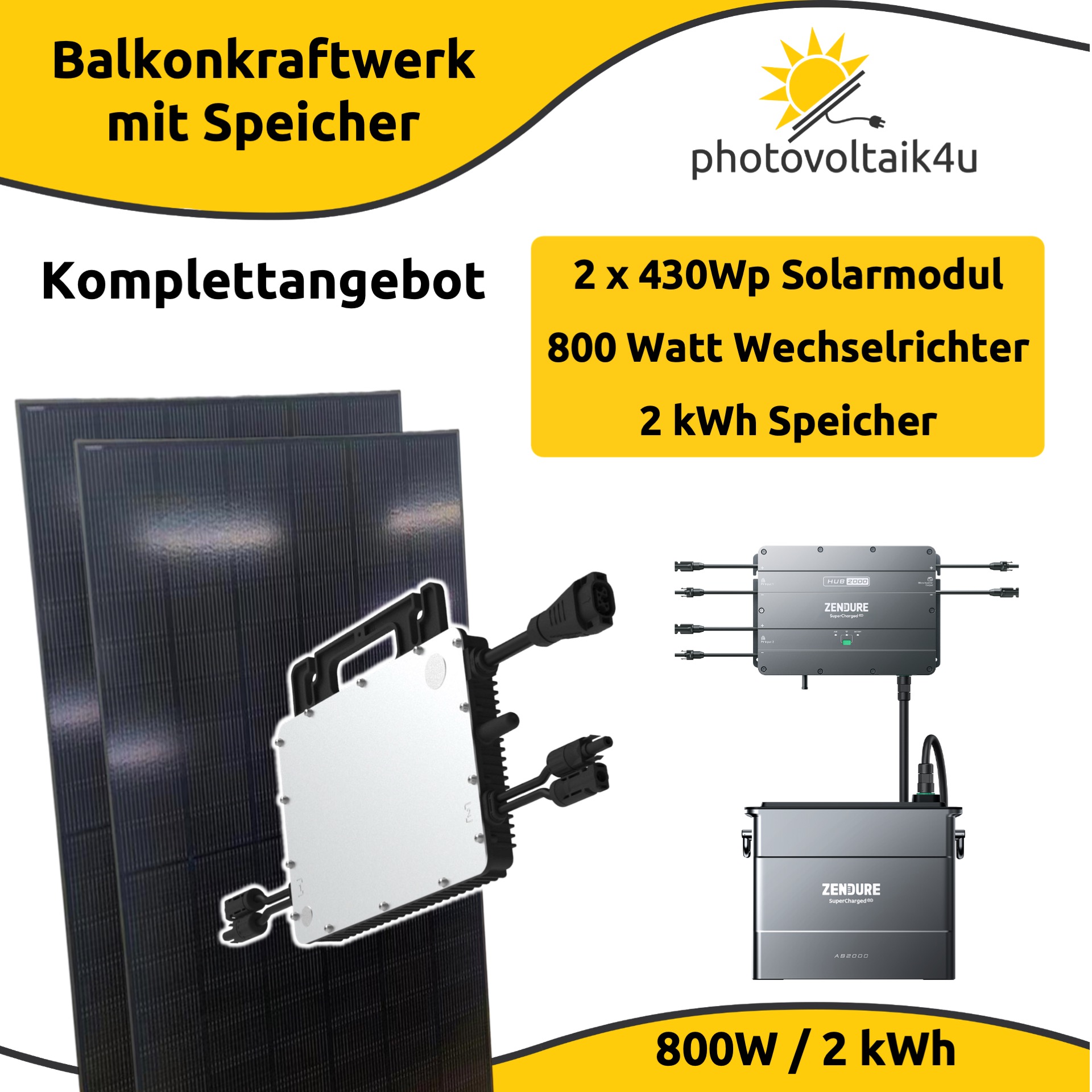 800 Watt Balkonkraftwerk Set mit 860Wp+ Bifazial und 2 kWh Speicher (Fullblack)